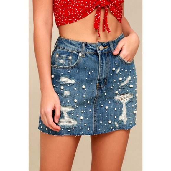 Pearl Embellished Distressed Denim Mini Skirt - Picture 5 of 6